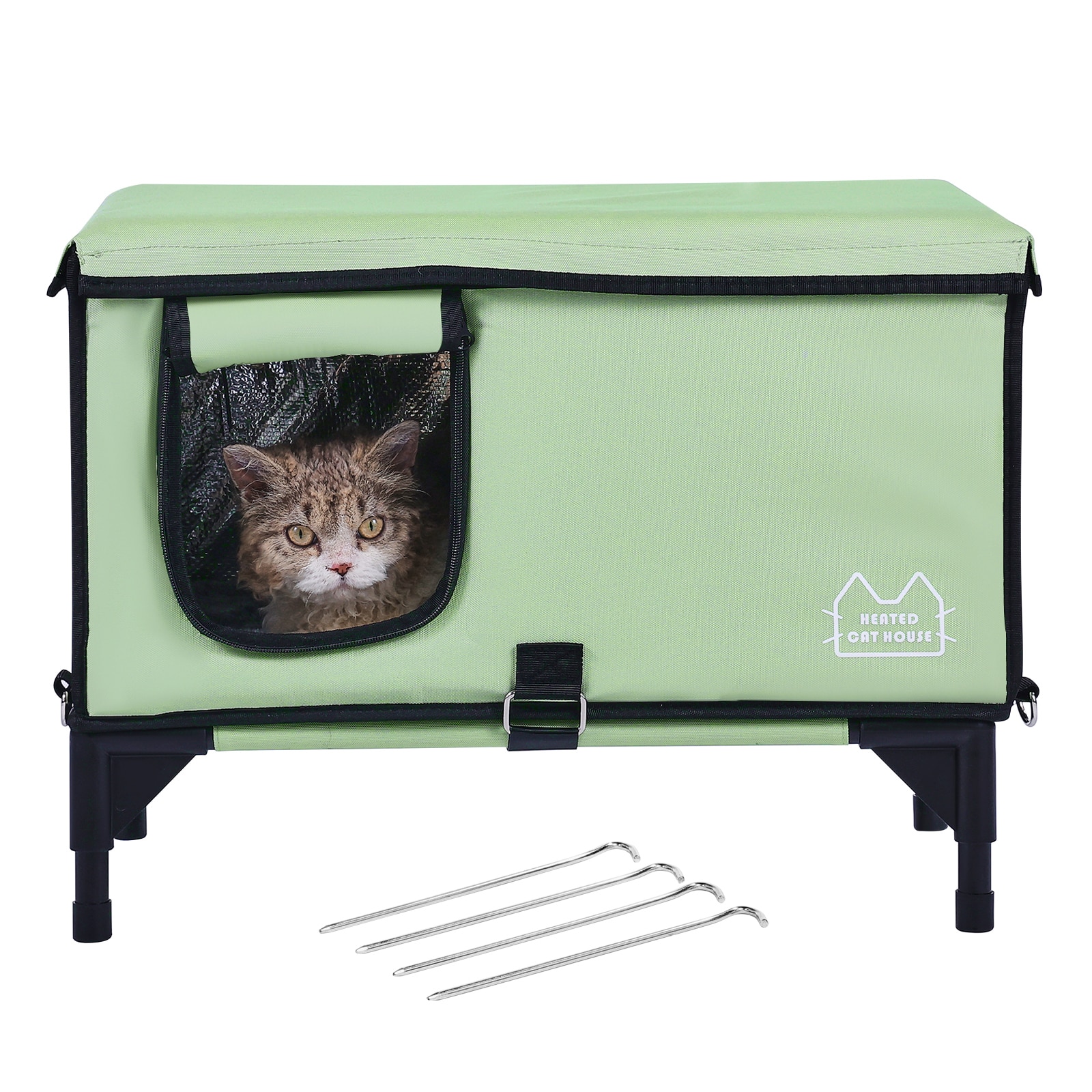 Heated Elevated Cat House Shelter With Warming Pad For Pets Green_voghion.com
